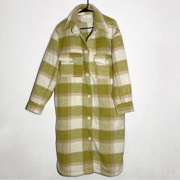 NWOT MABLE Moriya Plaid Long Shirt Shacket Jacket, Kiwi Green and Cream size M - Picture 2 of 7